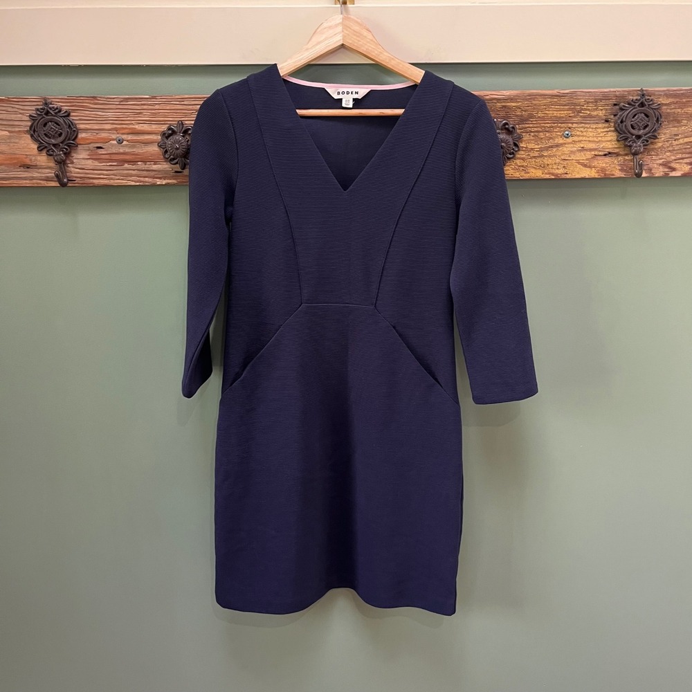 Boden Navy Blue Ottoman Ribbed V-Neck Shift Dress with Pockets US 4R D1044